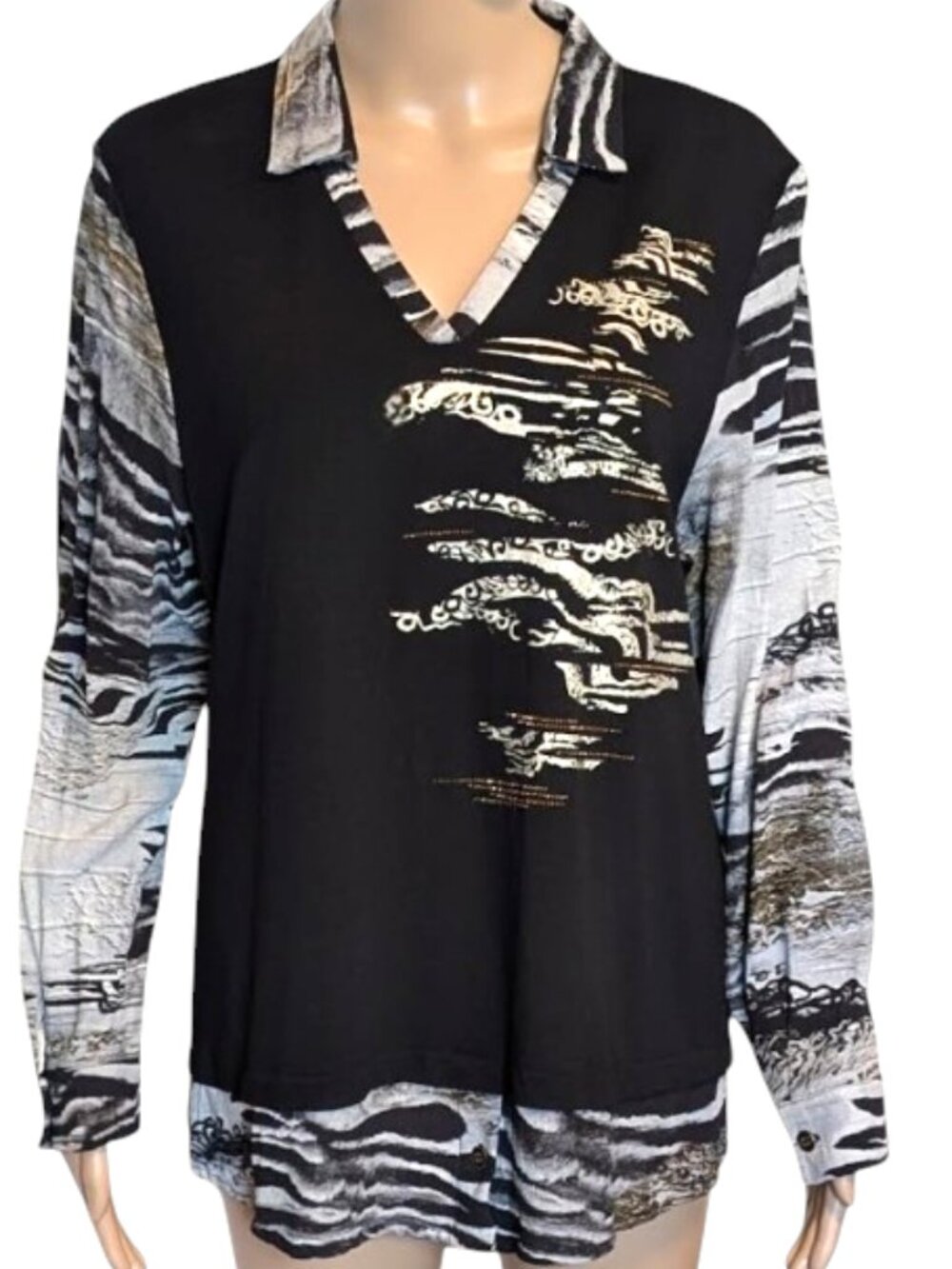Dolcezza Simply Art Abstract Print Collared Long Sleeve Top Size L Avant Garde